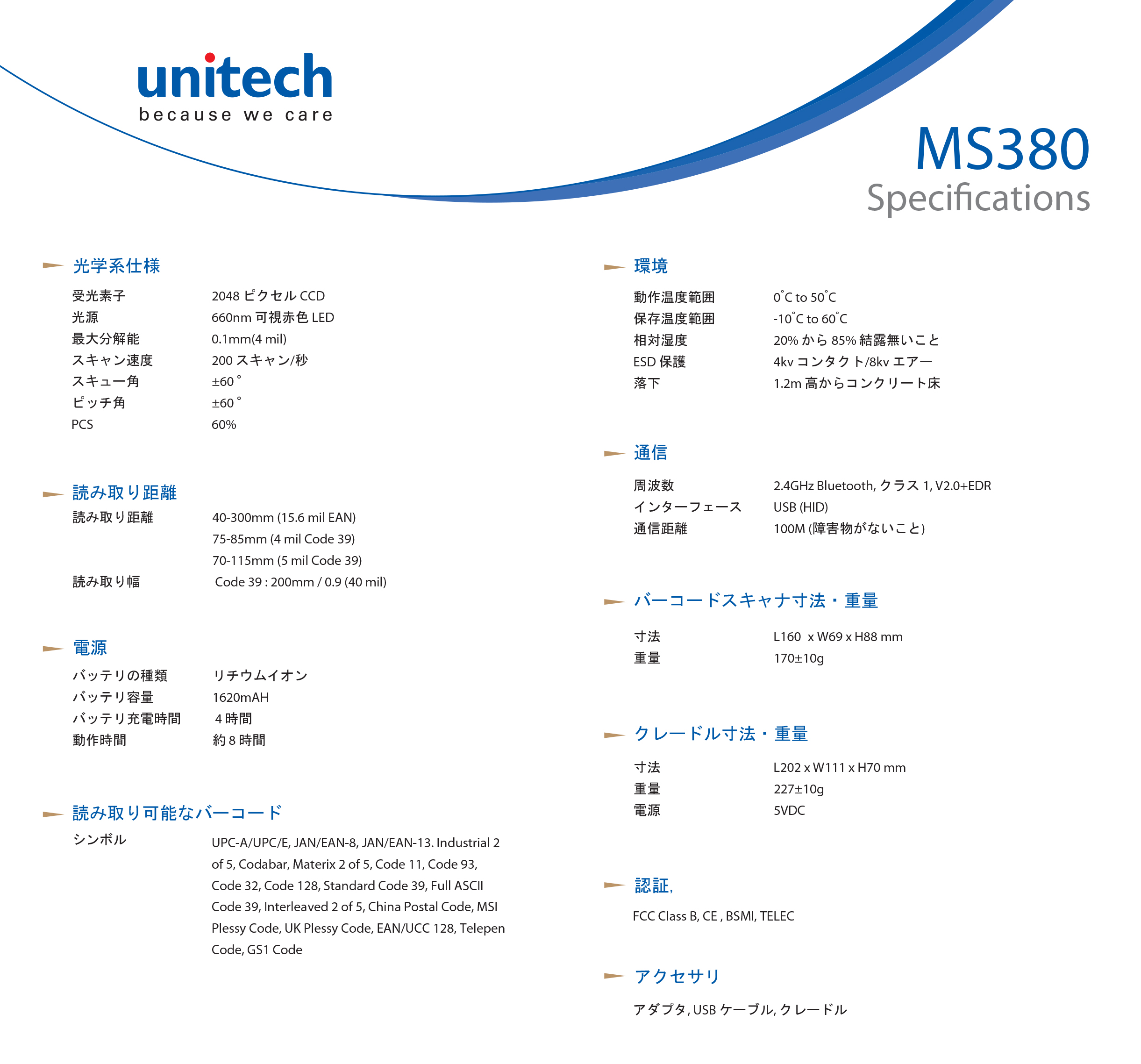 MS380 Bluetooth CCDバーコードスキャナ │ Unitech