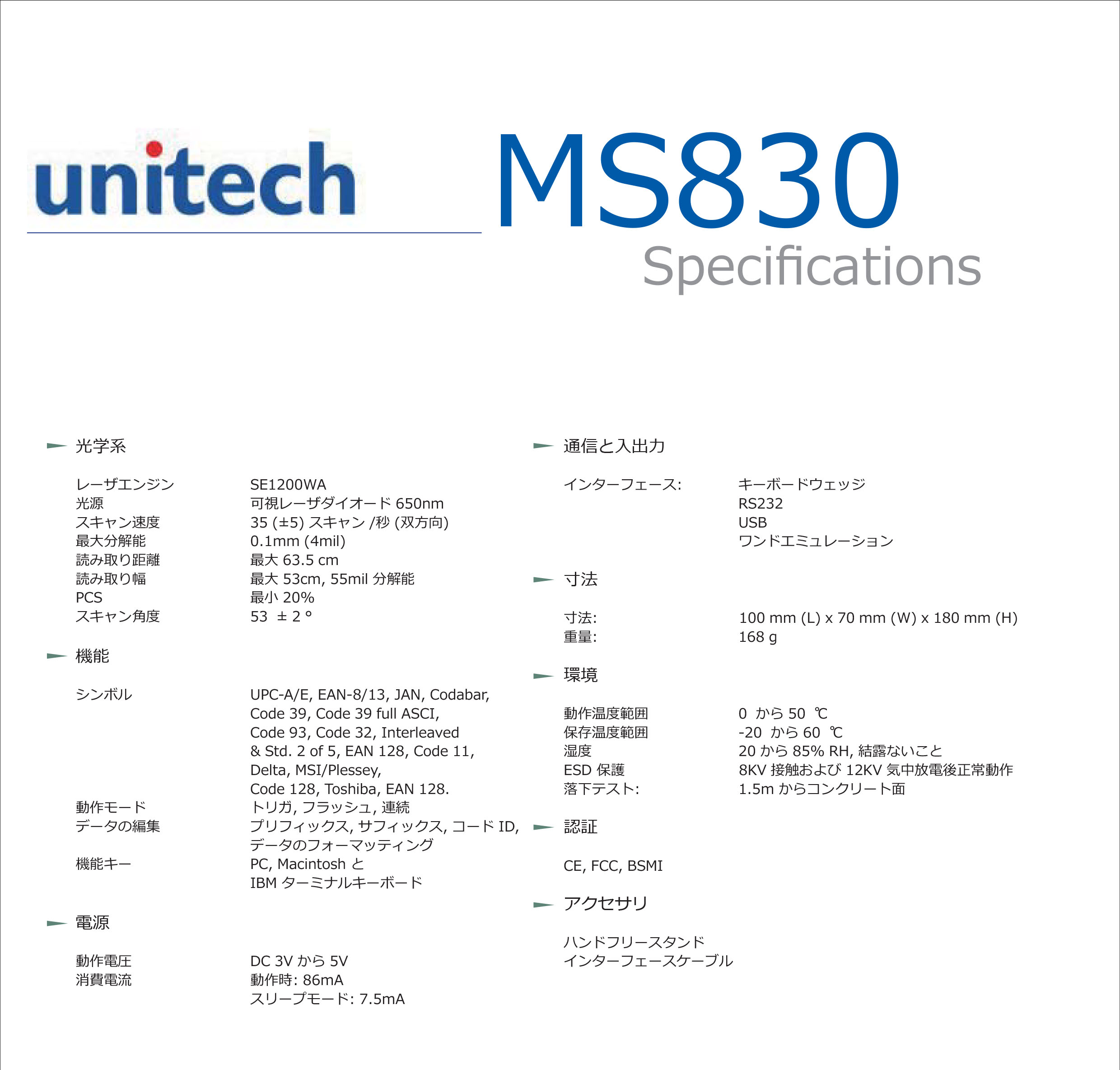 MS830 ハンドヘルドレーザバーコードスキャナ │ Unitech